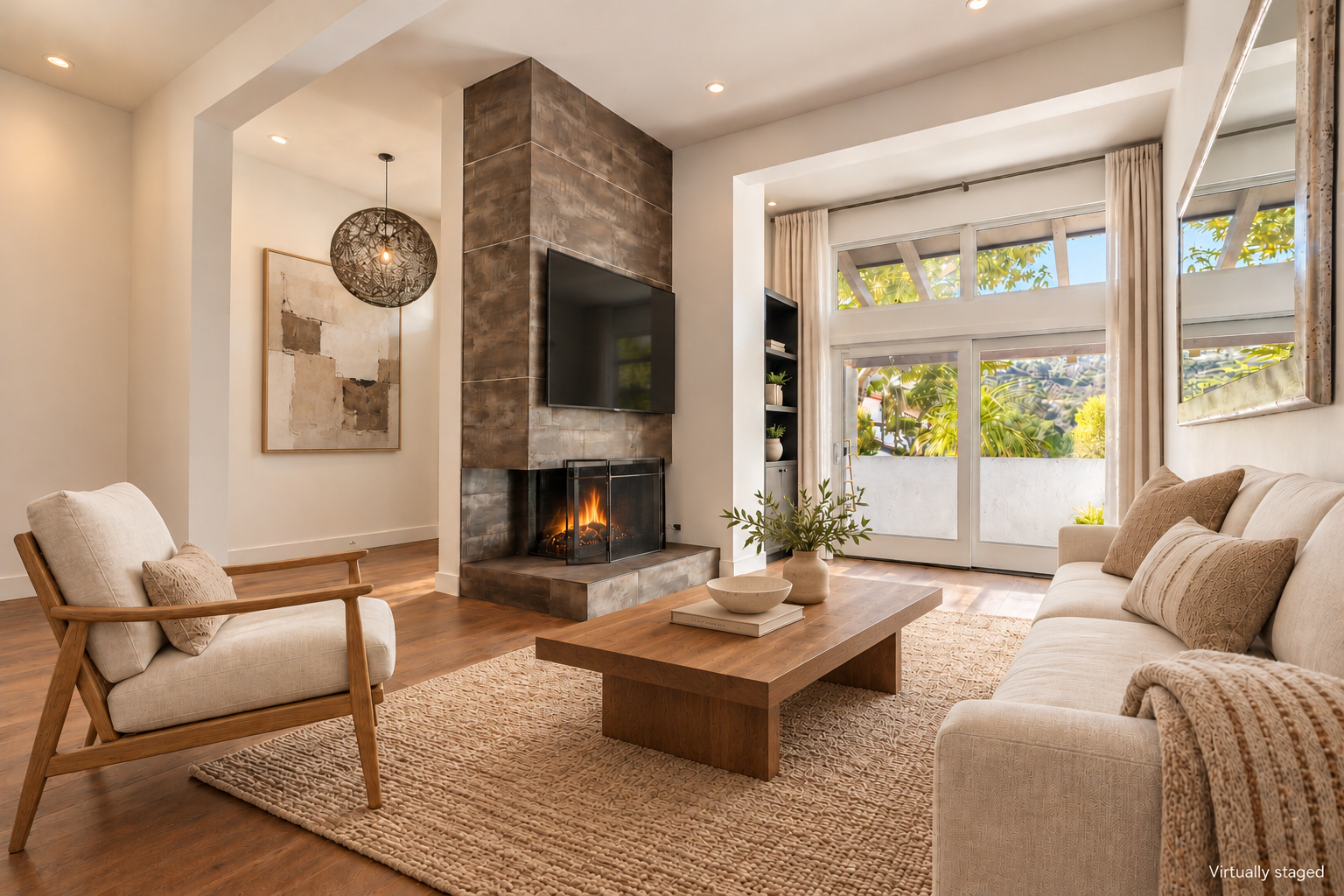 Virtually staged living room with fireplace and doors to the outdoors